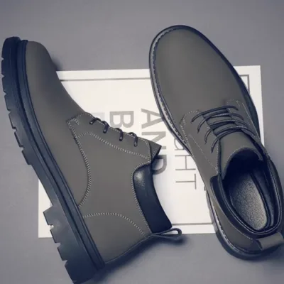 عکس مدل نیم بوت مردانه وارداتی طوسی بندی چرم مدل سال 1403