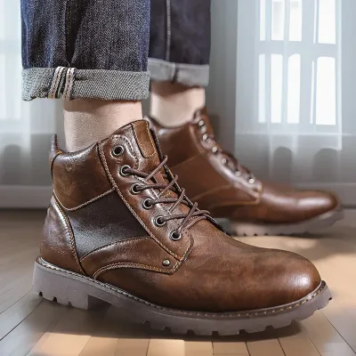 عکس نیم بوت قهوه ای بند دار مردانه مد سال