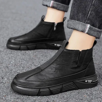 عکس مدل نیم بوت چرم مردانه بغل زیپ و کش مشکی رنگ اورجینال و وراداتی